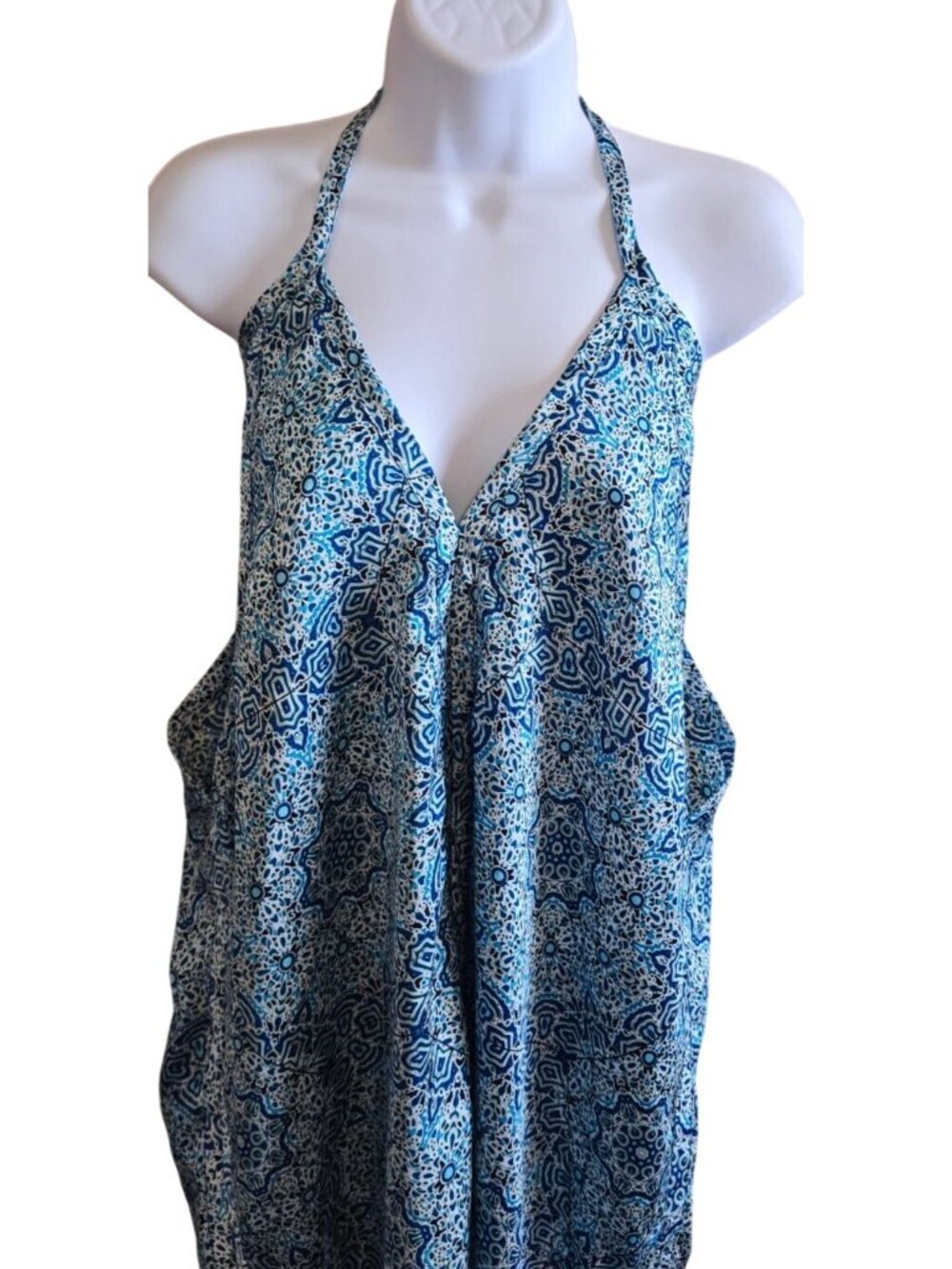 Halter Dress Blue White Geometric Print boho beach nautical